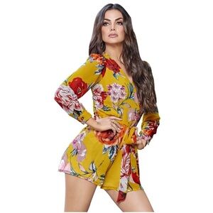 Floral Tie-Waist Yellow Ladies Romper.